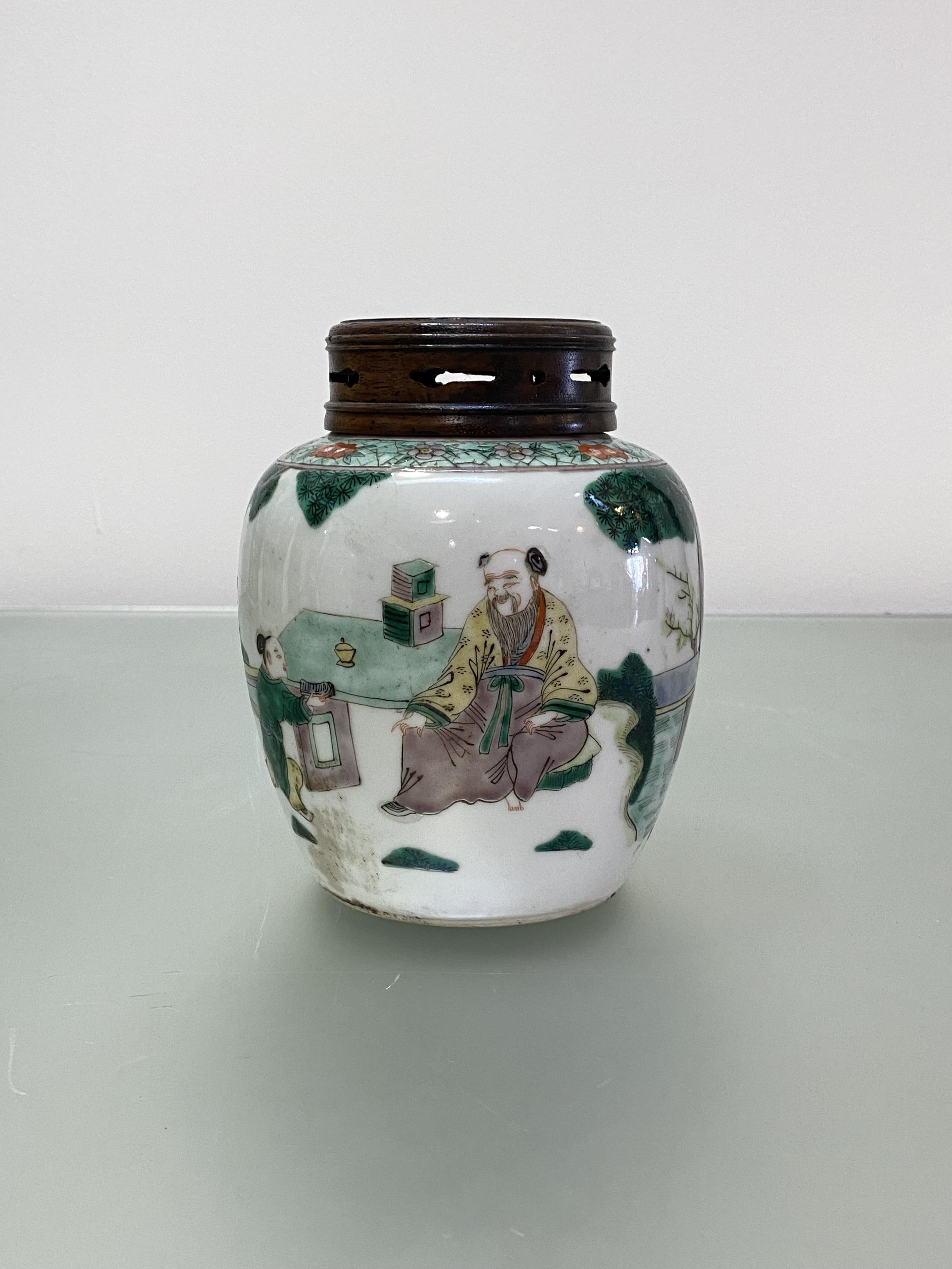 A Chinese famille verte porcelain jar, painted with a scholar and other figures in a garden setting, - Image 2 of 3