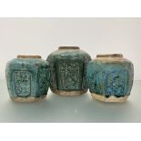 Three Chinese Provincial green-glazed pottery jars, each of hexagonal form, the largest with moulded