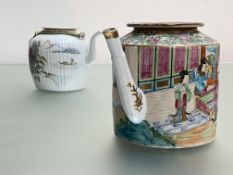 A Chinese famille rose teapot, the ribbed ovoid body painted with figures in pavilions and boats