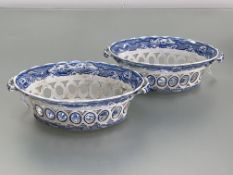 A pair of English blue and white transfer printed baskets, c. 1800, probably Spode, in the Gothic