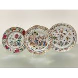Three Chinese famille rose porcelain plates, 18th and early 19th century: the first, a shallow dish,