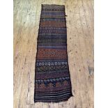 An old Tribal flat weave runner rug, of lineal geometric design, 214cm x 57cm