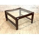 A mid century hardwood coffee table with inset glass top, H40cm, 71cm x 71cm