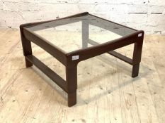 A mid century hardwood coffee table with inset glass top, H40cm, 71cm x 71cm