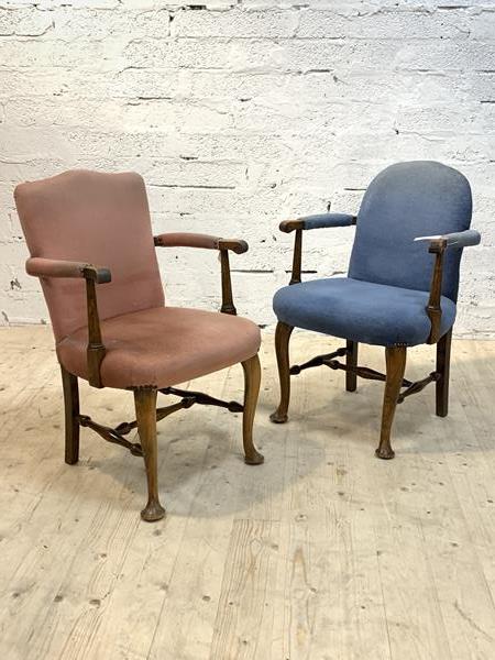 A pair of Georgian style upholstered walnut and beech bedroom chairs, H79cm, W55cm, D40cm