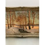 E. Skorraf (?), European Winter Landscape at Sunset, oil on canvas, signed and dated bottom right