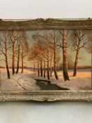 E. Skorraf (?), European Winter Landscape at Sunset, oil on canvas, signed and dated bottom right