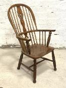 A 19th century elm and ash Windsor chair, the double hoop, spindle and splat back over saddle