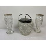 A silver biscuit barrel, Sheffield 1926, with swing handle lid (22cm h), with two glass vases of