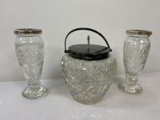 A silver biscuit barrel, Sheffield 1926, with swing handle lid (22cm h), with two glass vases of