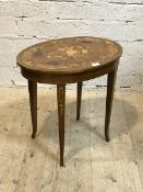 An Italian marquetry sewing table with hinged top raised on square tapered and splayed supports,