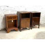 Two mahogany bedside cupboards (Larger H73cm, W42cm, D39cm) and a yew wood bedside chest with open