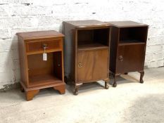 Two mahogany bedside cupboards (Larger H73cm, W42cm, D39cm) and a yew wood bedside chest with open