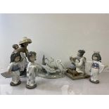 A group of Lladro figures including Lady in a Hat with Child (27cm), a Japanese lady arranging