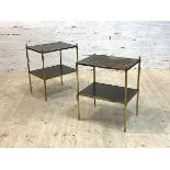 A pair of mid century lamp tables, each with two tiers having inset tooled leather surface, on a