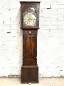 A mahogany longcase clock, second quarter of the 19th century, the hood with arched door over