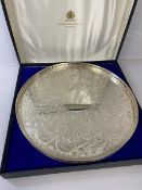 A Hamilton & Inches Epns circular drinks tray with raised edge and foliate engraved top, inscribed