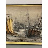 Ben Maile, (1922-...), Sailboats at low tide, reproduction print, in gilt composition frame (50cm