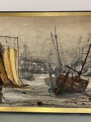 Ben Maile, (1922-...), Sailboats at low tide, reproduction print, in gilt composition frame (50cm