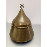 A Middle Eastern brass tapered cylinder cooking pot with crescent and star finial (excluding finial: