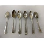 A set of six white metal early 19thc teaspoons, some with maker's mark WG, others rubbed (each: