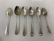 A set of six white metal early 19thc teaspoons, some with maker's mark WG, others rubbed (each: