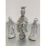 A modern blanc de chine figure of Guan Yin holding scroll, losses to fingers (32cm x base: 8cm)