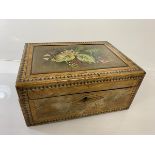 A 19thc hinged box, the top inlaid and foliate painted (13cm x 28cm x 21cm)