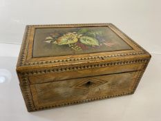 A 19thc hinged box, the top inlaid and foliate painted (13cm x 28cm x 21cm)