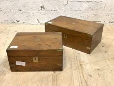 A 19th century walnut and brass bound writing slope, (H15cm, W40cm, D24cm) together with a smaller