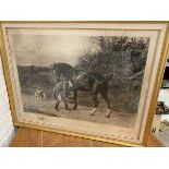 Gravier, 19thc etching, Gentlemen attending to Horseshoe, signed bottom right and also signed