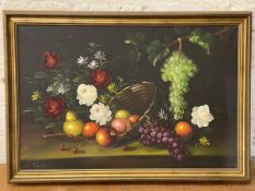 Kevin (?), Still Life with Fruit and Flowers, oil, signed bottom left (49cm x 74cm)