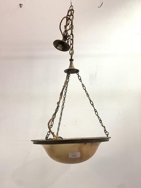 A single branch plaffonier, circa 1920's, with domed alabaster shade within a beaded brass frame,