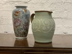 A Denby handled jug with swirl design, H26cm together with a Chinese baluster vase, with red seal