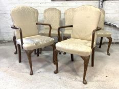 A Set of six (4+2) Queen Anne style dining chairs, the seat and back upholstered in ivory coloured