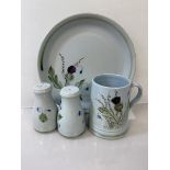 A Buchan plate with thistle decoration (26cm) and matching mug and salt and pepper (a lot)