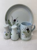 A Buchan plate with thistle decoration (26cm) and matching mug and salt and pepper (a lot)