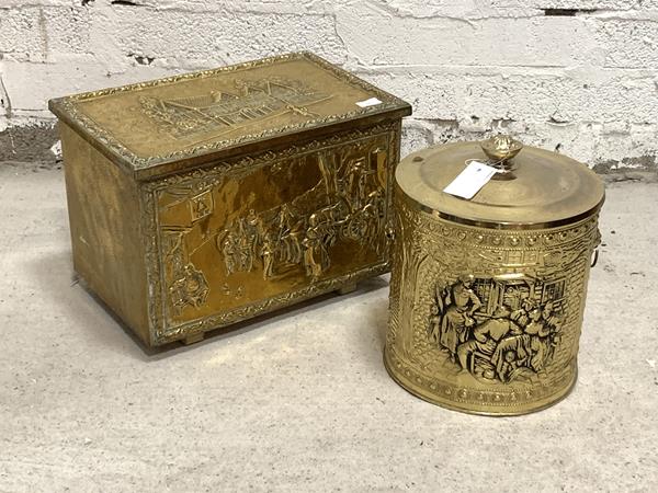 A Hammered brass lidded coal box, the top and sides depicting coaching scenes, (H33cm) together with