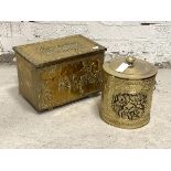 A Hammered brass lidded coal box, the top and sides depicting coaching scenes, (H33cm) together with