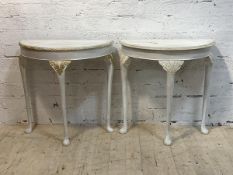 A pair of white painted hardwood demi lune console tables, H75cm, W75cm, D39cm