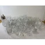 A quantity of glasses including some crystal, one with Wedgwood label, including wine glasses,