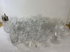 A quantity of glasses including some crystal, one with Wedgwood label, including wine glasses,