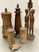 A pair of female African carved wood figures with basket, converted to lamp, a Victorian rosewood