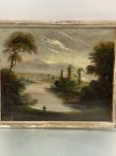 Continental 19thc School, Ruined Castle by a River, oil on canvas (49cm x 60cm)