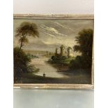 Continental 19thc School, Ruined Castle by a River, oil on canvas (49cm x 60cm)