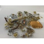 A quantity of costume jewellery including chains, brooches, earrings, rings, charms, also two kilt