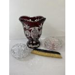 A mixed lot including a red to clear tulip shaped crystal vase (21cm x 17cm) and two lidded powder