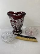 A mixed lot including a red to clear tulip shaped crystal vase (21cm x 17cm) and two lidded powder