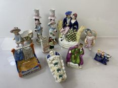 A quantity of 19thc and 20thc china figures including courting Scottish couple (18cm), a pair of