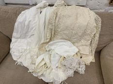 A group of vintage 1950s lady's clothing including undergarments, blouse, table cloth etc. (a lot)